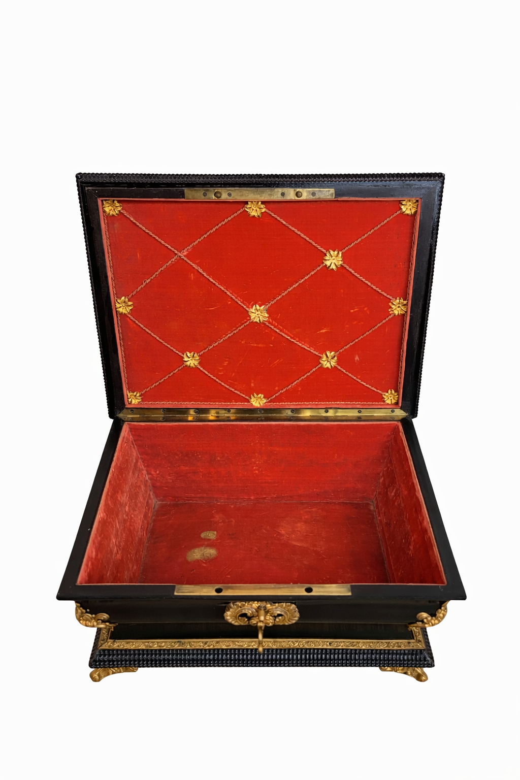 Large French Black Lacquered Box w. Bronze Details, Initialed Cartouche "PF"