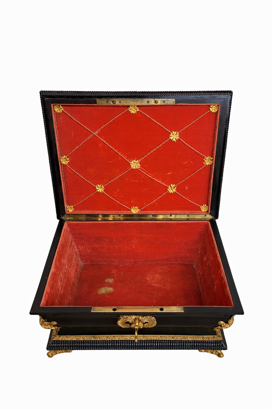 Large French Black Lacquered Box w. Bronze Details, Initialed Cartouche "PF"