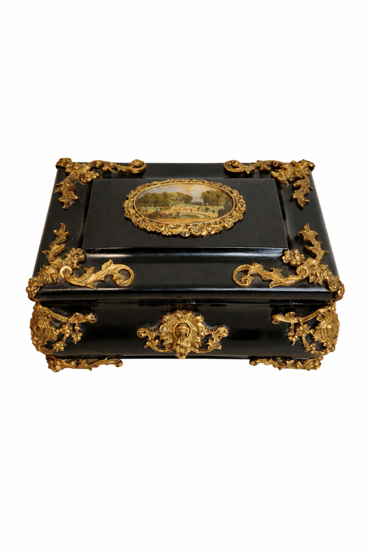 French Black Lacquered Box w. Hand Painted Medallion & Bronze Feet
