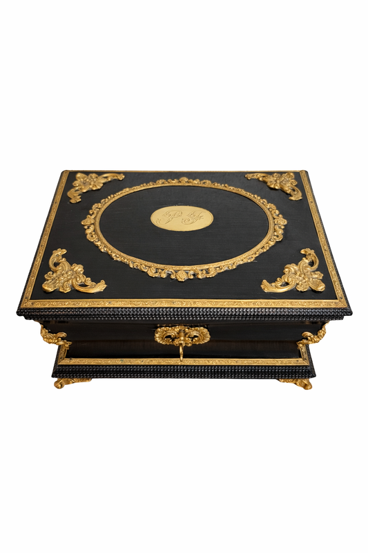 Large French Black Lacquered Box w. Bronze Details, Initialed Cartouche "PF"