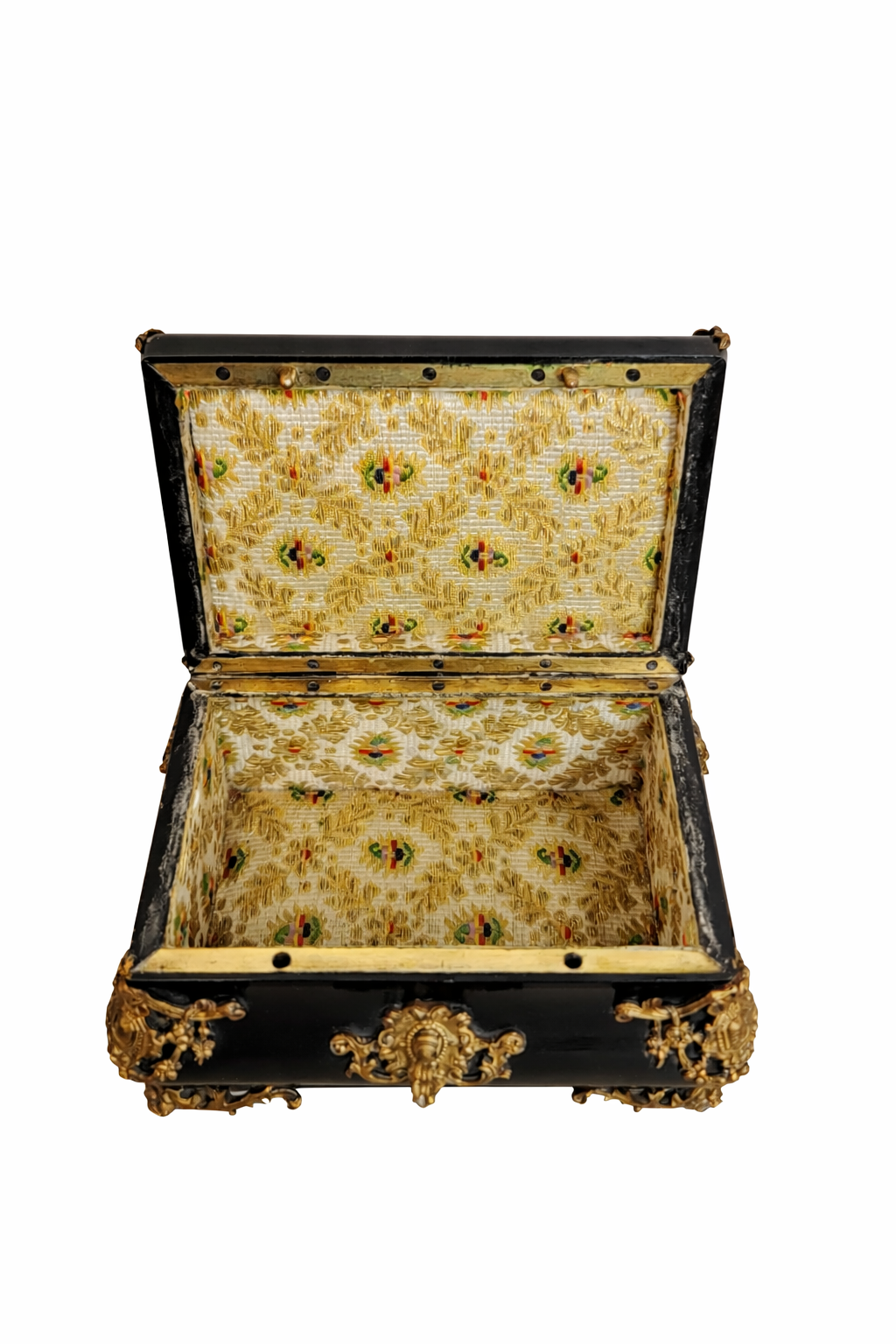 French Black Lacquered Box w. Hand Painted Medallion & Bronze Feet